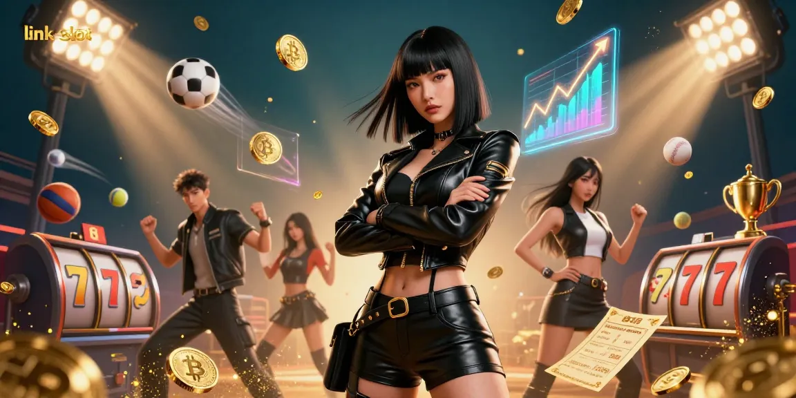 Putar untuk menang dengan link slot saat seorang wanita Asia yang menakjubkan berdiri percaya diri dengan koin Bitcoin dan elemen slot.