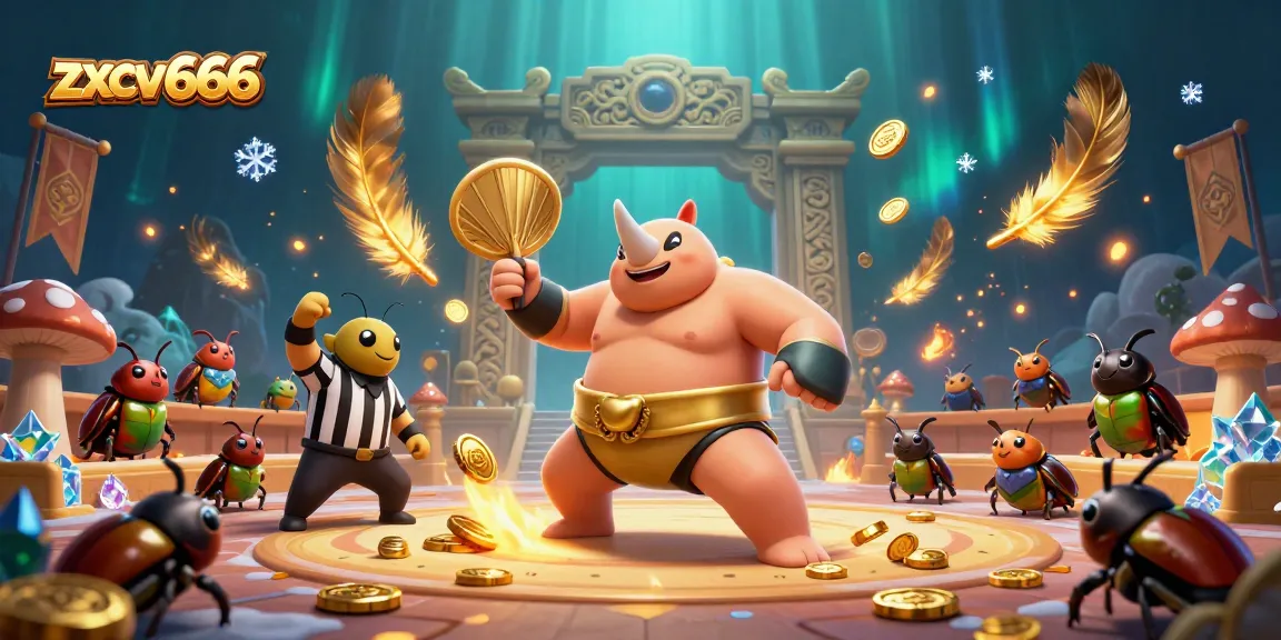 Experience thrilling action at zxcv666 with a sumo beetle smashing into coins in a vibrant casino arena.