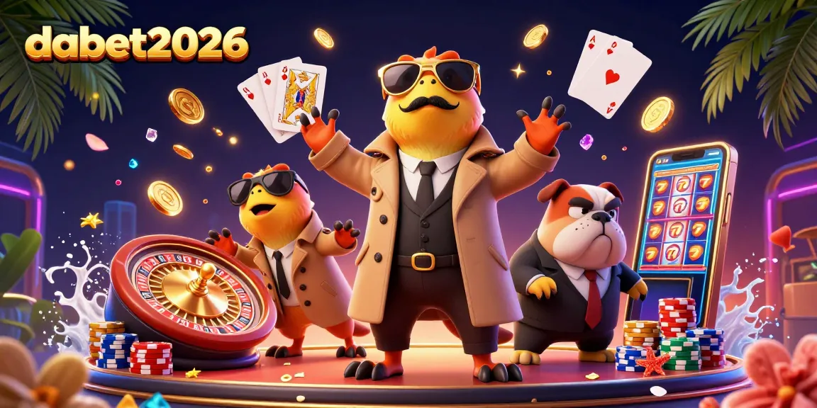Join dabet2026 in a vibrant casino scene with raptors and a bulldog, showcasing gaming excitement.