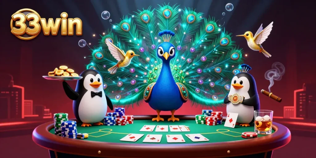 Experience the vibrant 33win casino scene with a peacock, butler, and hummingbird amid poker action.