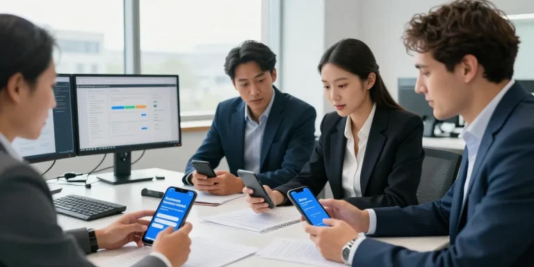 Business professionals evaluating which business mobile provider is best UK while collaborating in a modern office.