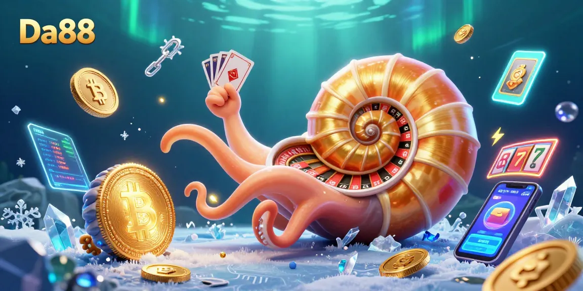 Engage with Da88's vibrant casino scene featuring a giant nautilus roulette wheel among glowing crypto elements.
