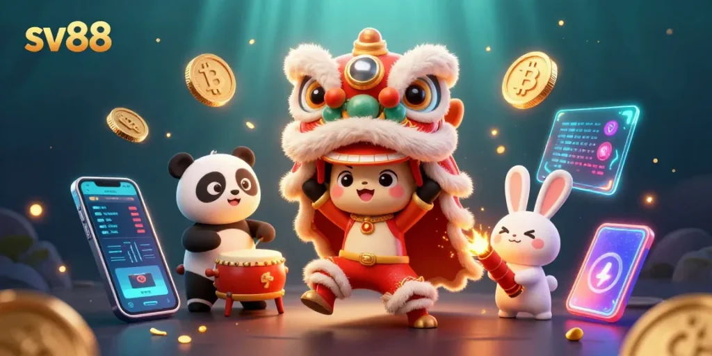 Engage with sv88's thrilling lion dance and crypto-themed casino scene illustration.