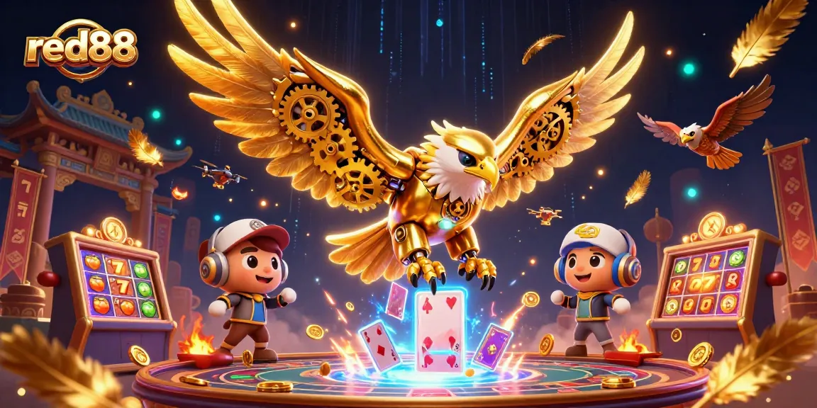 Engage with red88's vibrant online casino experience featuring a cybernetic eagle, cards, and game elements.