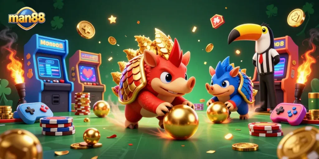 man88 showcases rival pangolins bowling golden balls through poker chips in a vibrant casino scene
