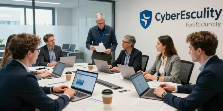 Cyber Essentials UK team discussing certification processes in a modern office setting.