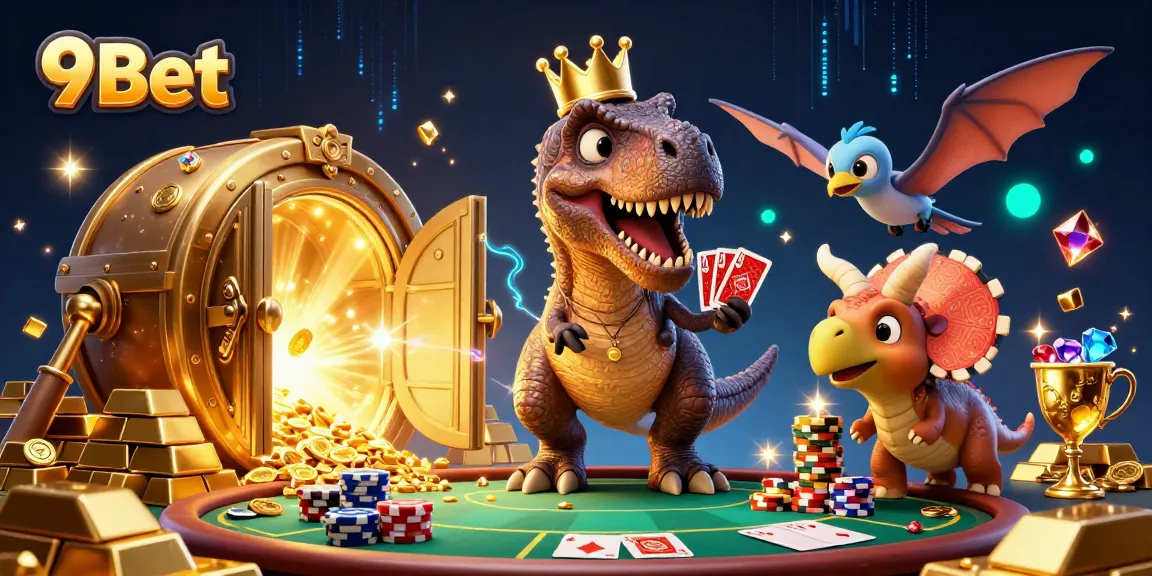 Join 9Bet's exciting table games as T-Rex and friends play poker amidst sparkling treasures.