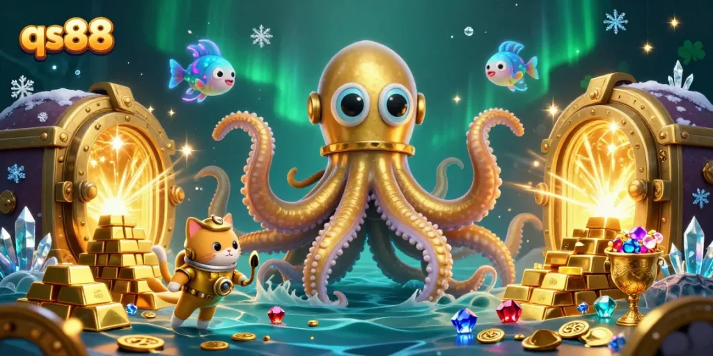 Experience the excitement of qs88 with a colossal kraken and treasures in a vibrant casino adventure.
