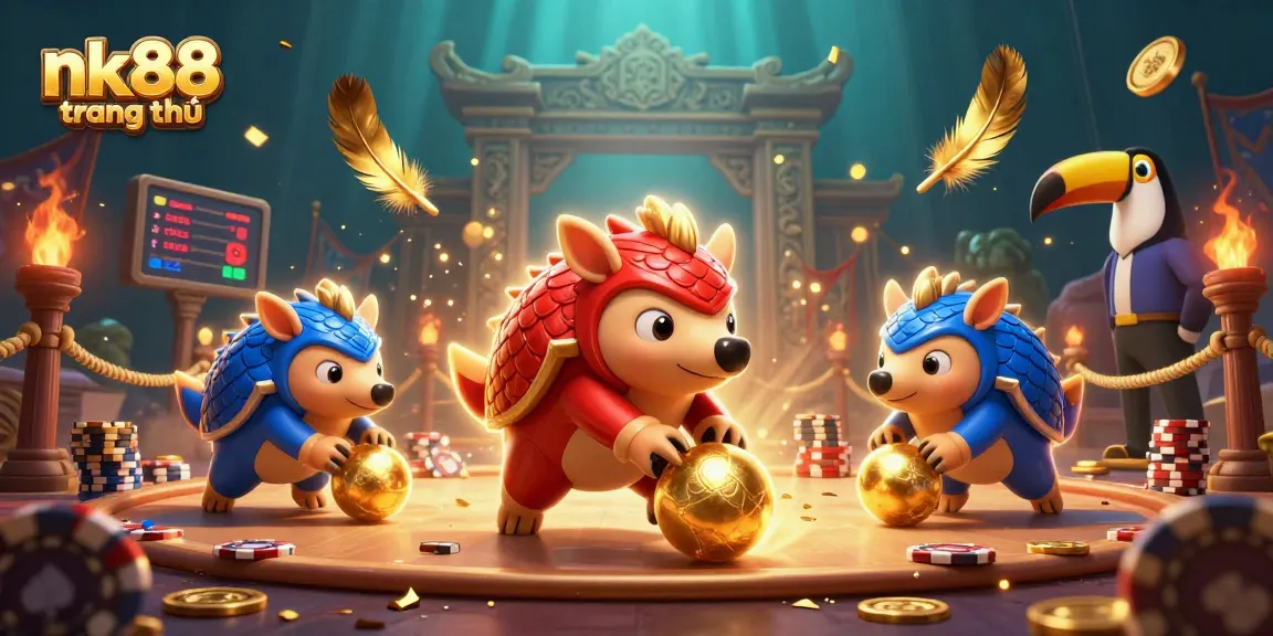 Navigating nk88 trang chủ with cartoon pangolins competing in a vibrant casino scene.