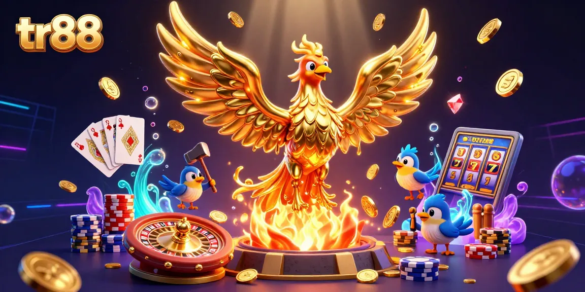 Experience tr88's thrilling moments with phoenix and gold coins amidst casino glamour.