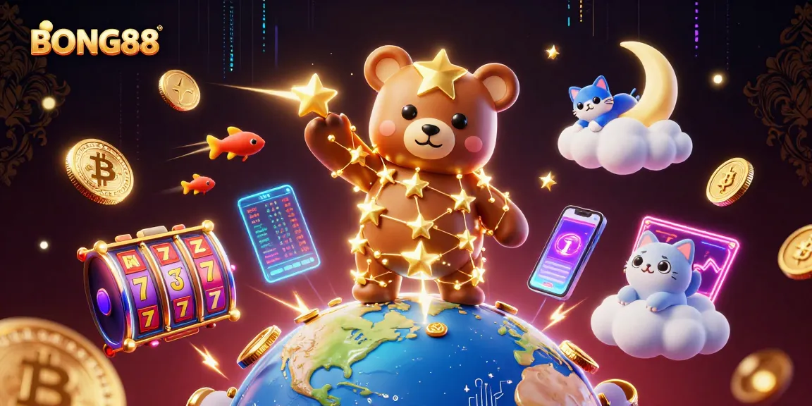 BONG88 showcases vibrant 3D casino illustrations with constellation characters and glowing crypto elements.