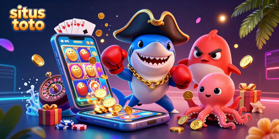 Engage with situs toto in a vibrant 3D casino scene showcasing characters with slots and coins.