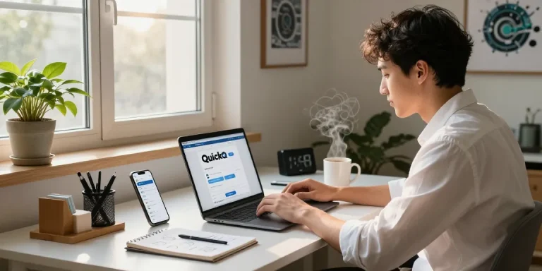 正在使用QuickQ下载页面的年轻职业人士，现代家办公环境