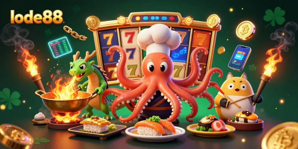 Join the lode88 excitement with sushi chef octopus and dragon amidst glowing casino elements.