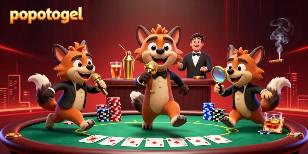 Hyenas enhance the popotogel casino experience with comedy and drinks in a vibrant, animated scene.