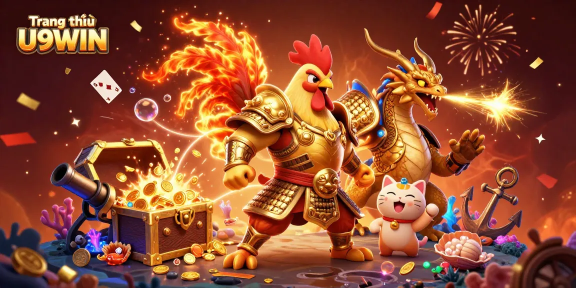 Join the fun at Trang chủ U9WIN with a battle-ready rooster, dragon, and treasure amidst casino excitement!