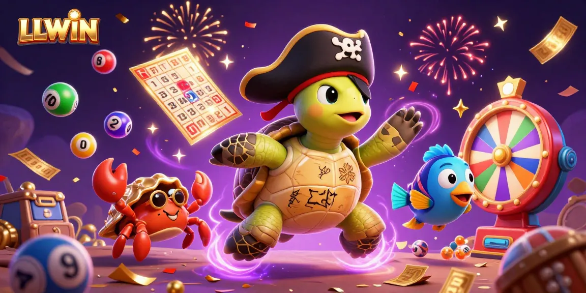 LLWIN themed illustration showcasing a pirate turtle and friends surrounded by vibrant gambling elements and treasures.