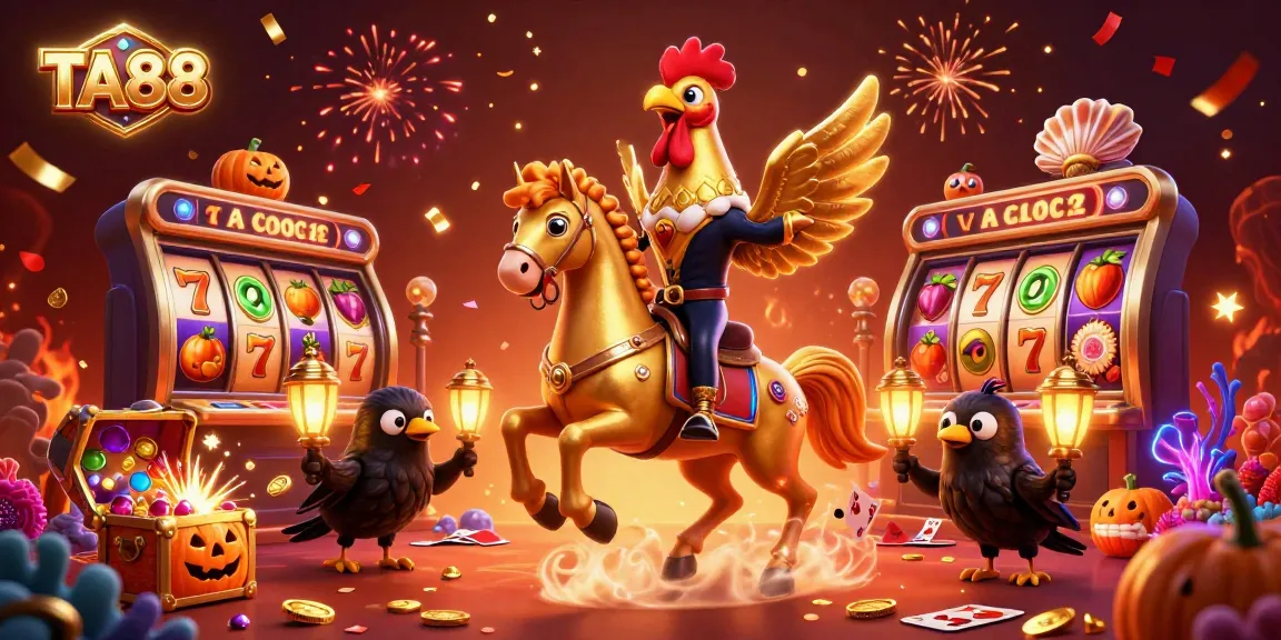 Experience the excitement of TA88 with a golden rooster and spectral horse in a vibrant casino scene.