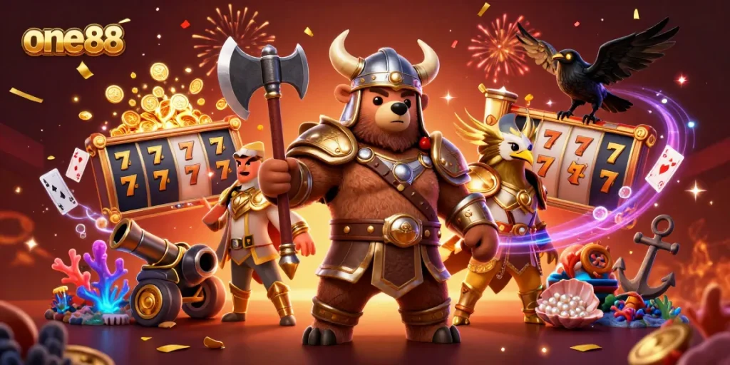 Elevate your gaming experience with one88's vibrant 3D casino illustration showcasing exciting slot gaming elements.