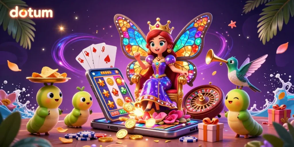Experience thrilling gameplay at datum with a vibrant casino scene featuring 3D gaming characters and symbols.