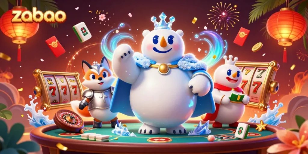 Experience thrilling wins at zaobao with colorful casino elements, including poker, slot reels, and festive decorations.