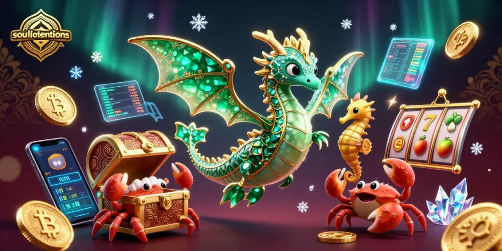 Mainkan slot di soulintentions bersama naga laut 3D dan harta karun dalam ilustrasi fantastis.