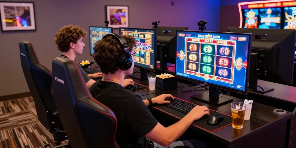 Player enjoying rokok88 rtp experience at a stylish online casino with vibrant screens and modern decor.