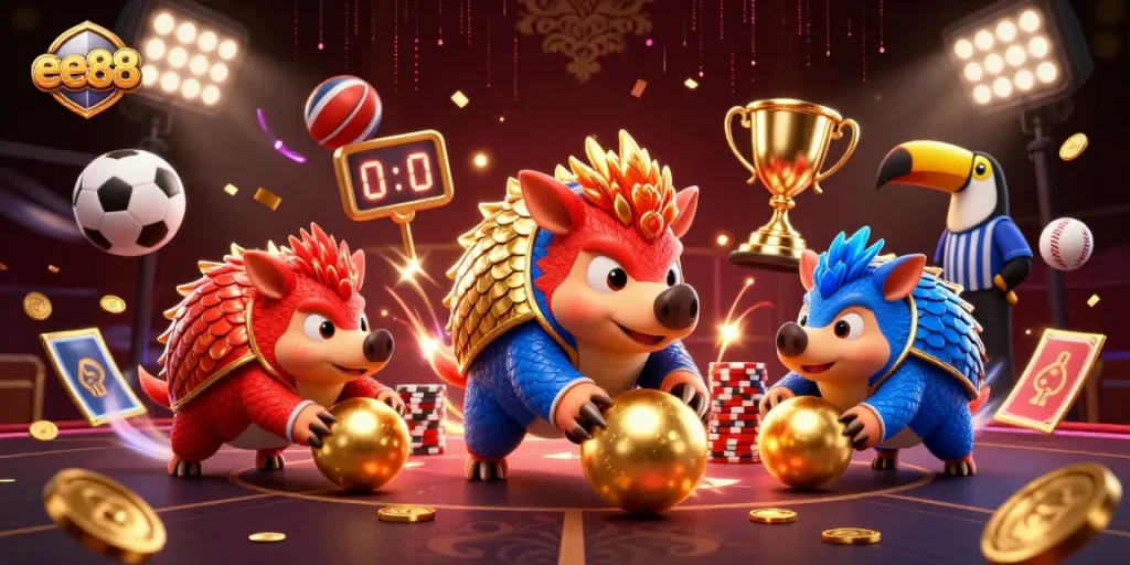 Experience the excitement of sports betting with ee88 through playful pangolins battling near poker chips.