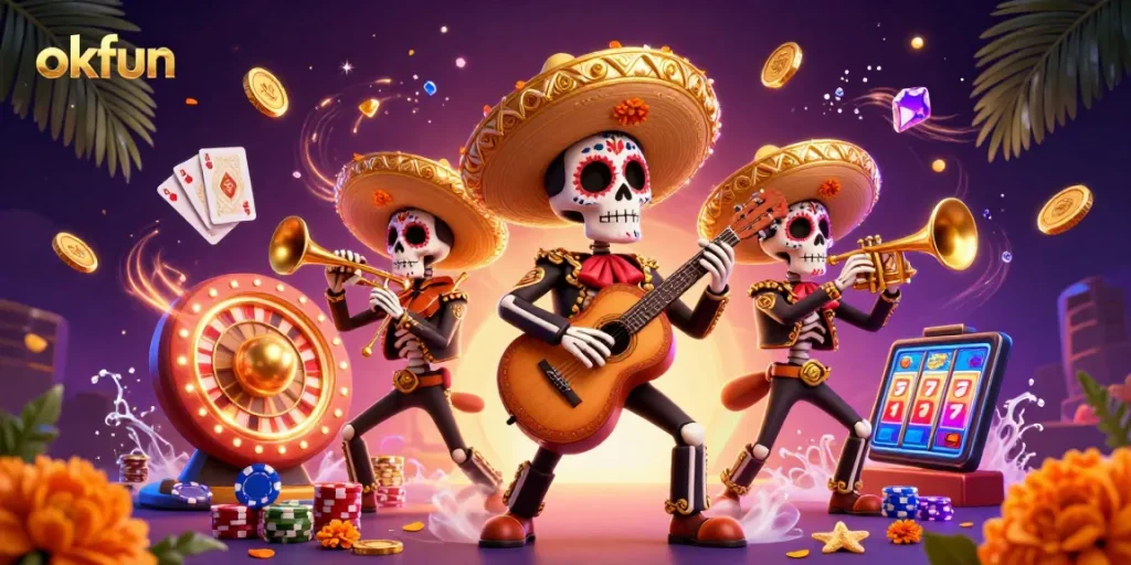 Experience thrilling slots and games at okfun with vibrant mariachis and casino elements.