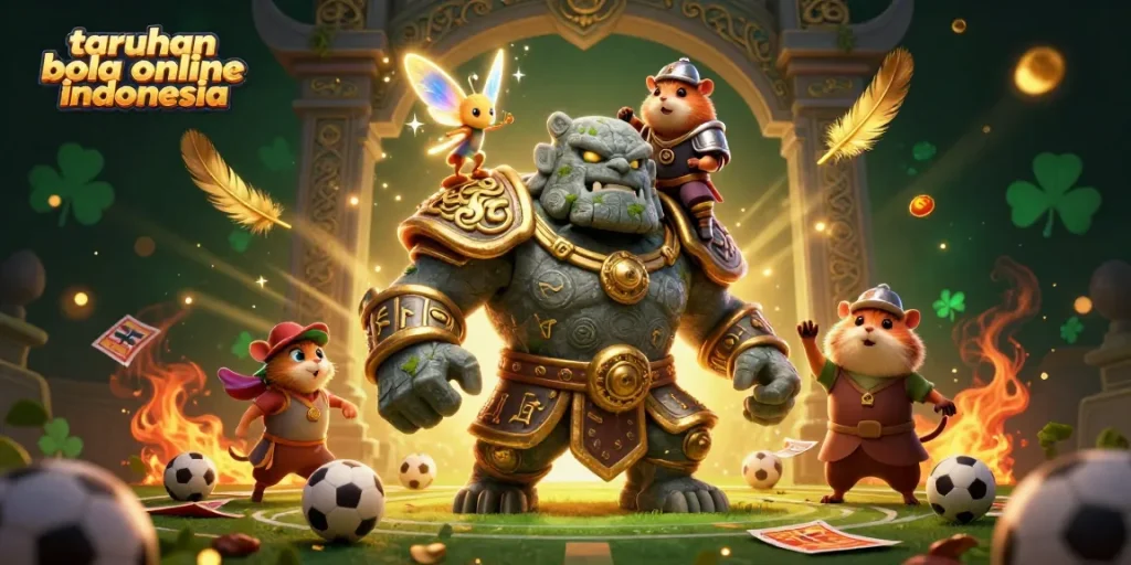 Engage in taruhan bola online indonesia with a magical illustration featuring sports elements and characters.