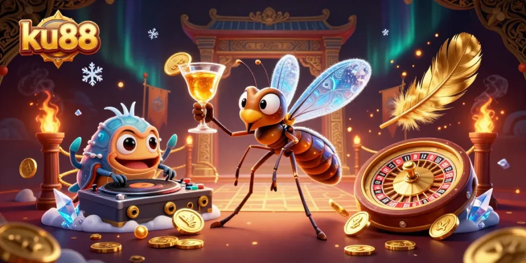 Experience a thrilling moment in the ku88 casino with a playful frozen mosquito mascot and animated game elements.