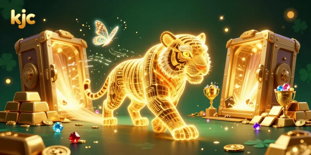 Experience the vibrant digital casino world with kjc's golden tiger and sparkling treasures.