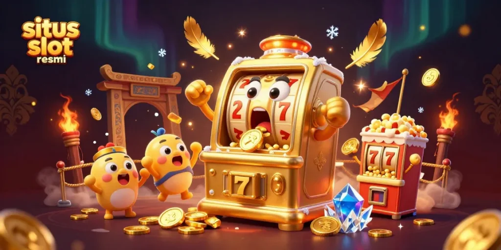 Play and win with situs slot resmi as a golden slot machine hits a jackpot surrounded by coins and cheering machines.