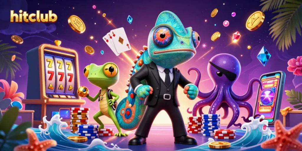 Experience hitclub excitement with a vibrant 3D casino scene featuring dynamic characters and games.