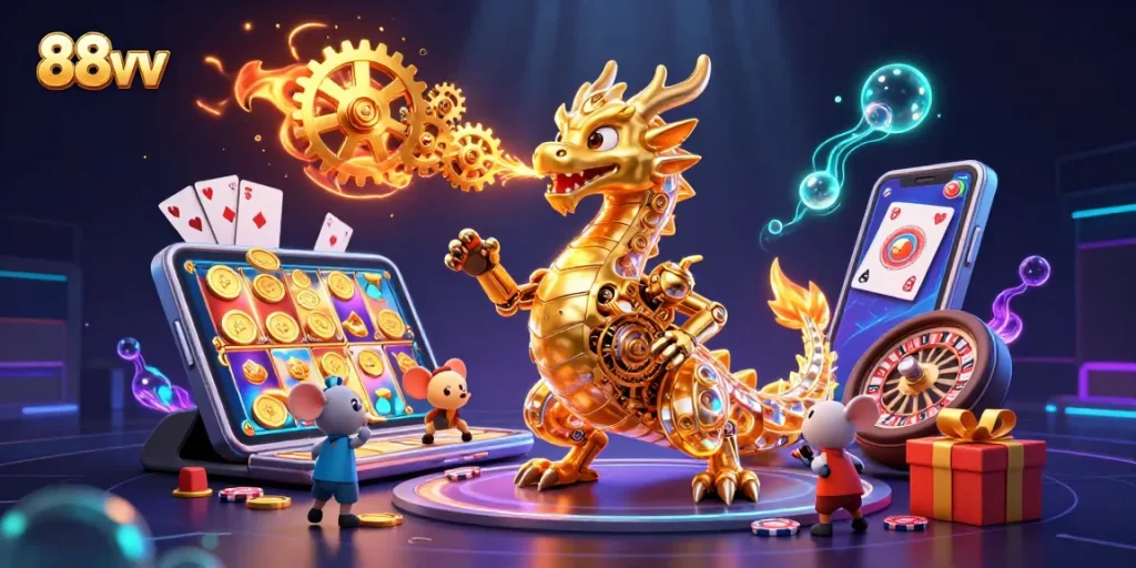 Experience thrilling gameplay with 88vv featuring a golden dragon amidst vibrant slot game elements.