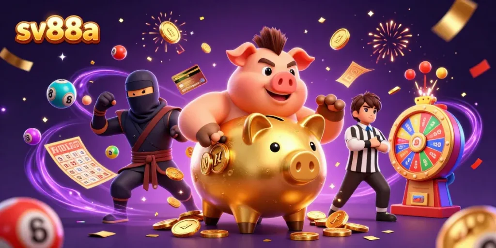 Experience excitement at sv88a with dynamic characters and vibrant lottery elements in a lively casino scene.