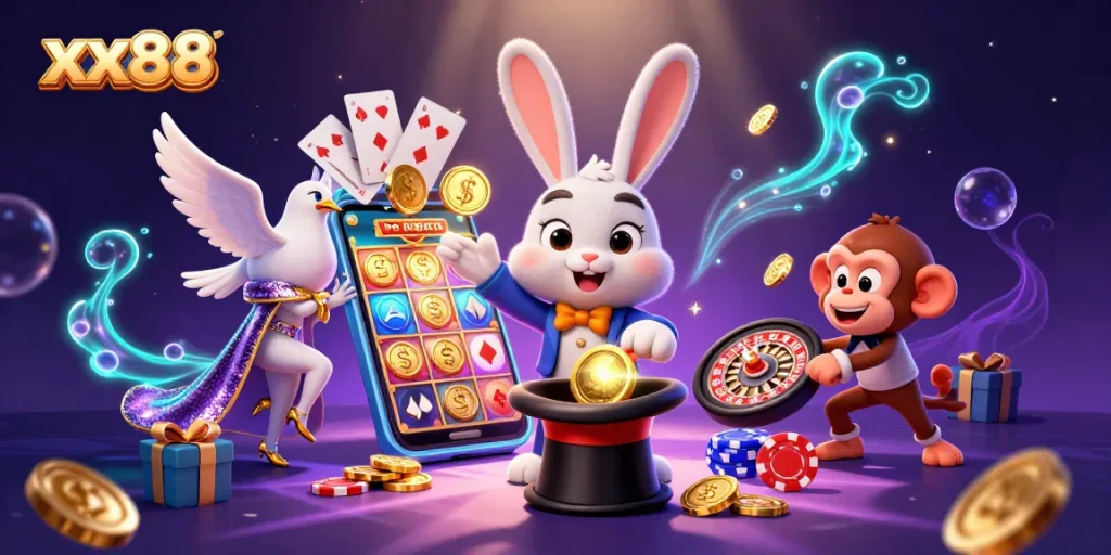 Experience thrilling gameplay at xx88 with a magician rabbit and vibrant casino elements.