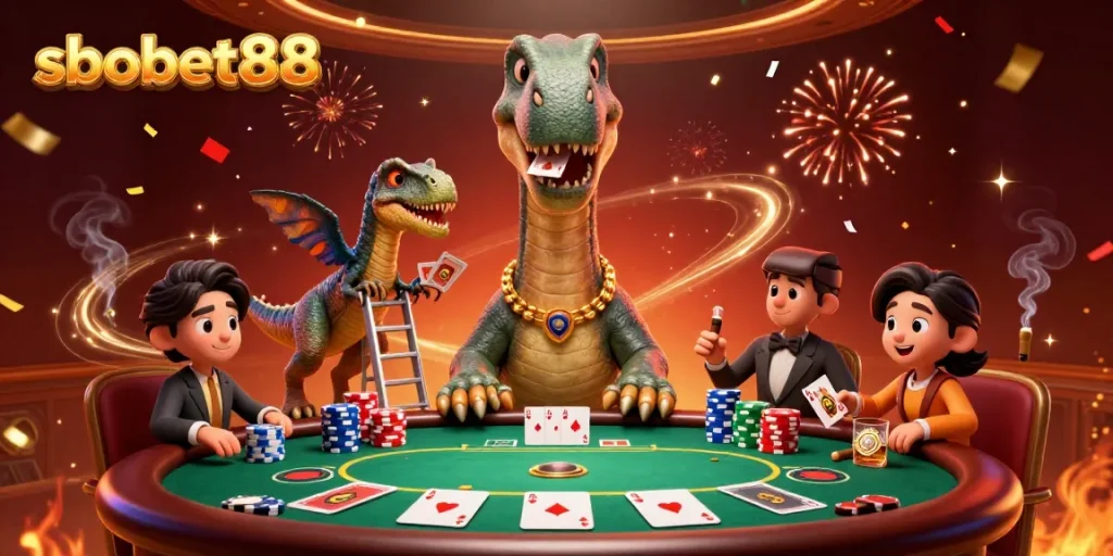 sbobet88 engages in dynamic poker action with a cartoon brontosaurus and clever raptor.