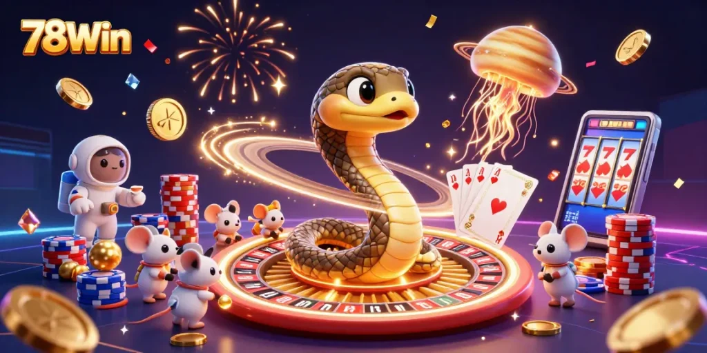 Experience thrilling bets at 78Win with interactive casino elements and vibrant cosmic visuals.