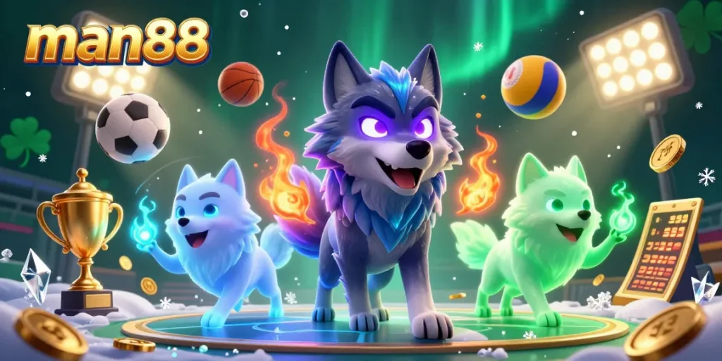 Experience thrilling sports bets at man88 with energetic wolves and dynamic sports elements in a captivating 3D scene.