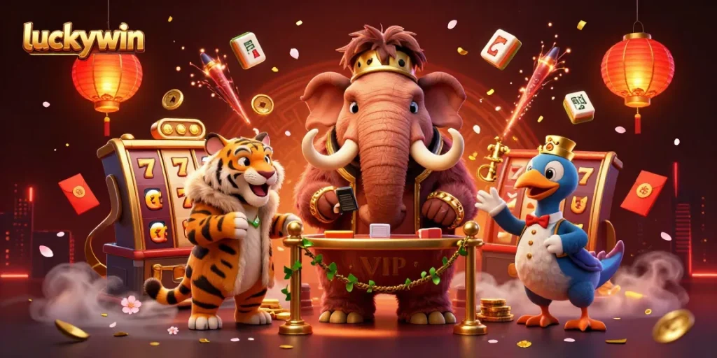 Experience the vibrant energy of luckywin with a lively casino scene featuring a woolly mammoth bouncer and festive decorations.