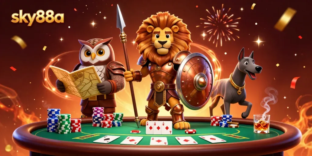 Experience thrilling gameplay with sky88a featuring a Spartan lion and poker elements.