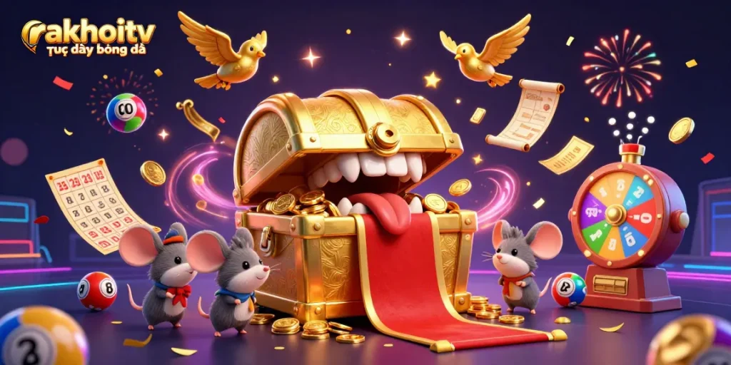 Experience rakhoitv trực tiếp bóng đá with a lively 3D illustration of adventurous characters amidst colorful lottery elements.