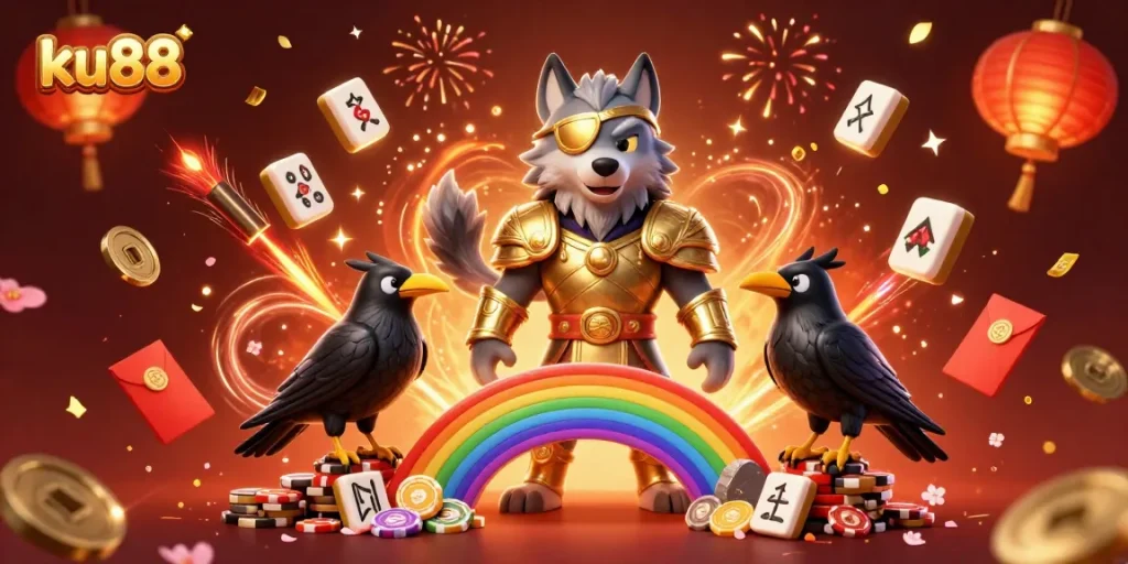 ku88 showcases thrilling casino elements with Odin and two ravens in a vibrant 3D illustration.