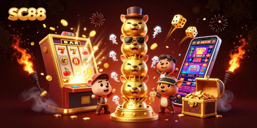 Experience the thrill of SC88 with a dynamic 3D casino-themed illustration featuring vibrant games and golden totems.