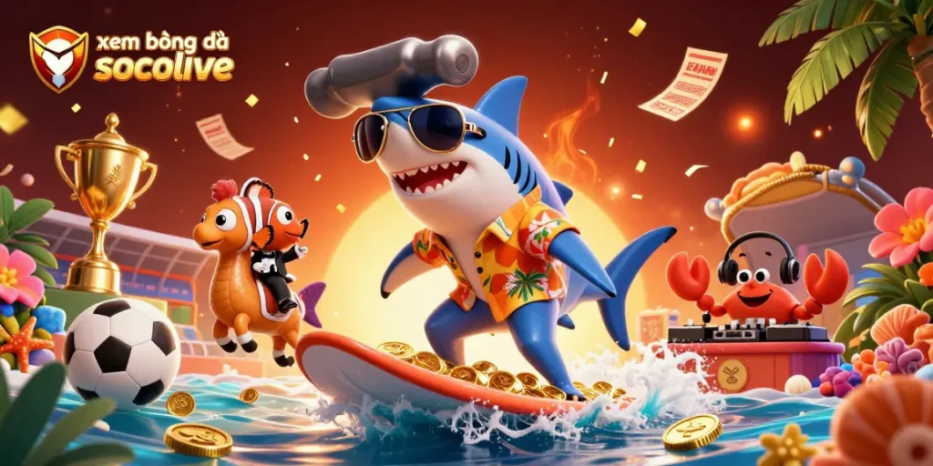 xem bóng đá socolive showcasing a vibrant and dynamic casino scene with a shark and clownfish amidst a celebratory sports atmosphere.