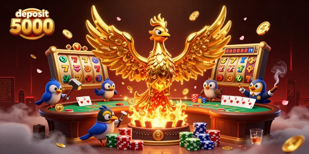 Experience thrilling wins with deposit 5000 slots as golden phoenix flies amidst spinning reels and vibrant poker action.