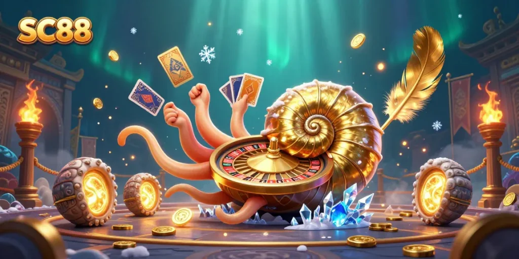 Engage with SC88's vibrant casino scene featuring a giant nautilus and golden elements.