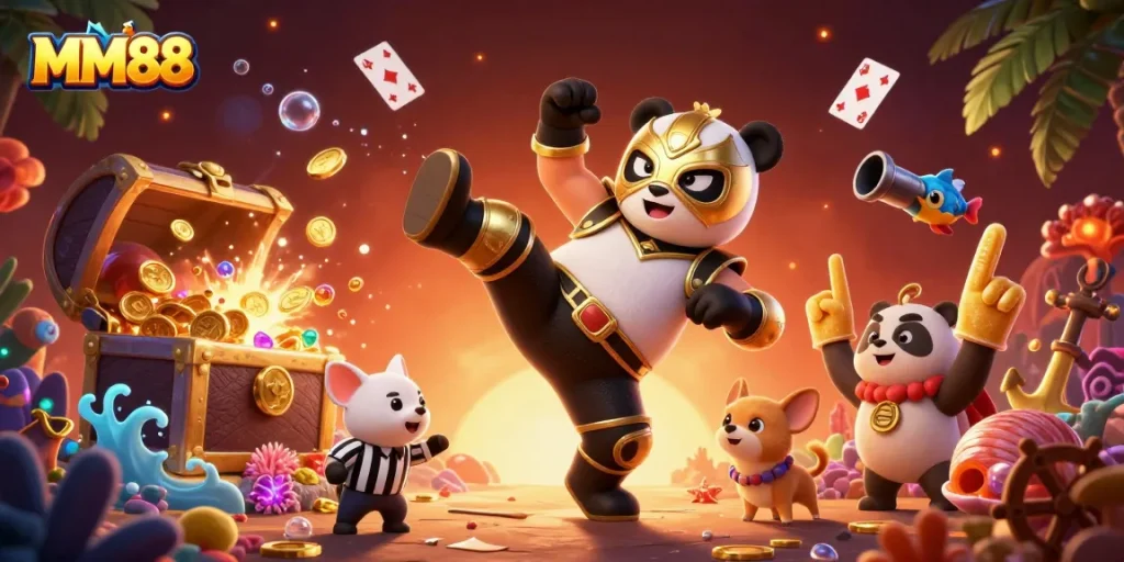 Experience the excitement of MM88 with a thrilling fight scene featuring panda wrestlers and gems.
