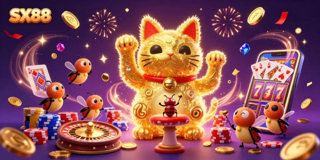SX88 captivates players with a vibrant scene of golden fireflies and casino symbols in an entrancing illustration.